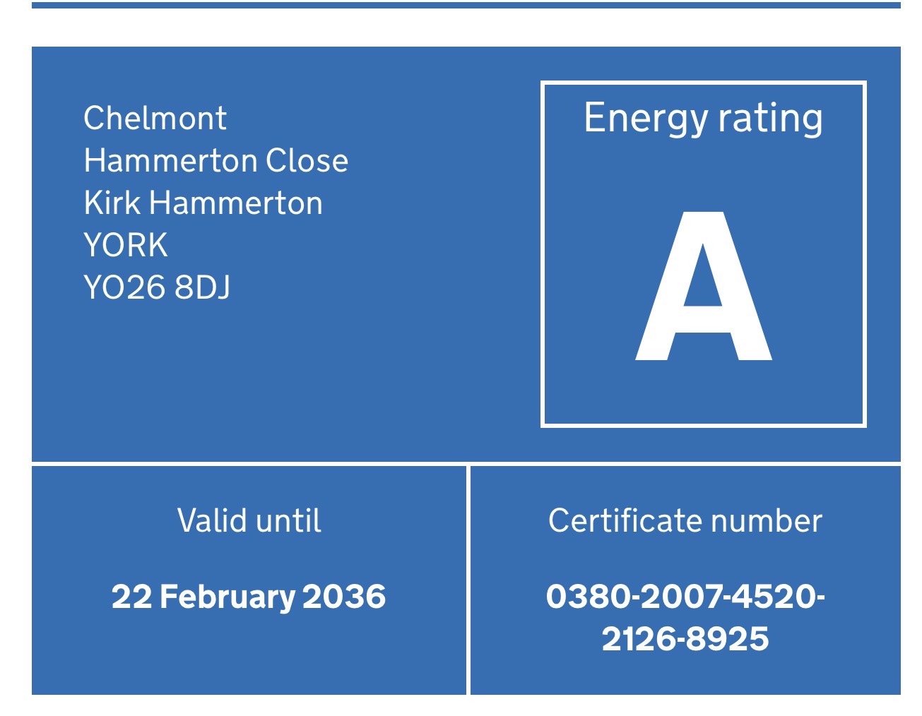 Chelmont EPC energy rating A, valid until 22 February 2036